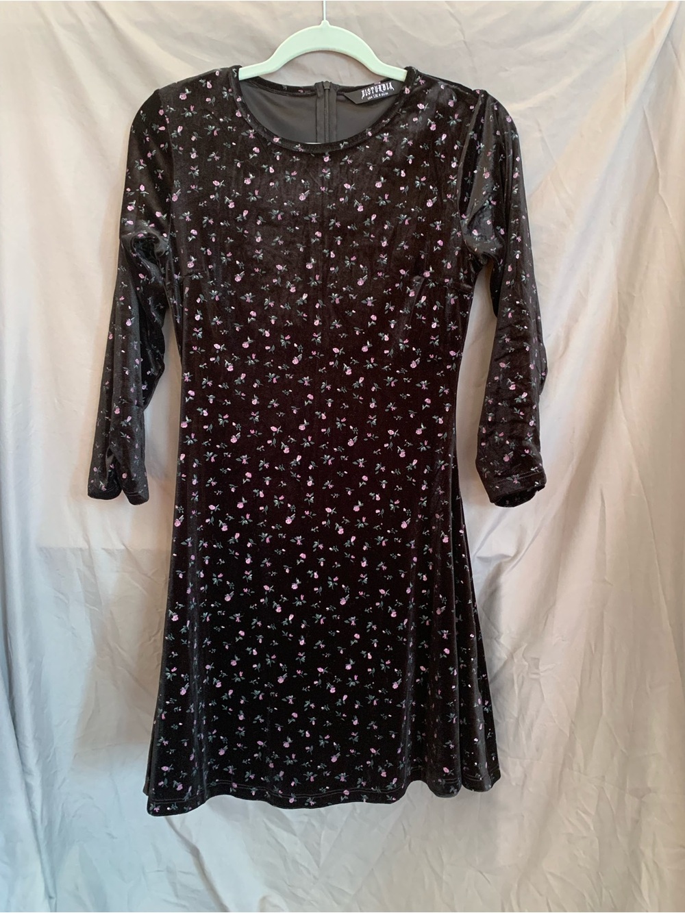Disturbia Velvet Floral A-Line Dress - Black with Pink Accents